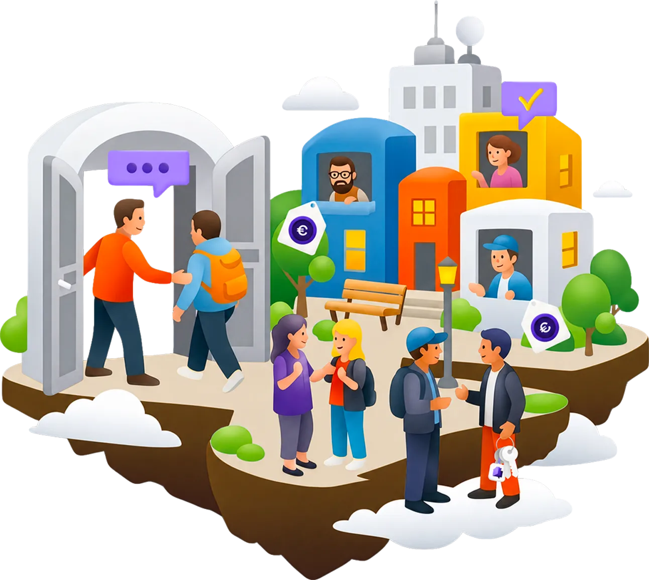 Illustrazione isometrica di una casa con persone che interagiscono